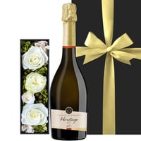 【ワインとお花のギフト】フランスのスパークリングワイン「クレマン・ド・ボルドー・ エリタージュ・ブリュット」と白を基調としたプリザーブドフラワー