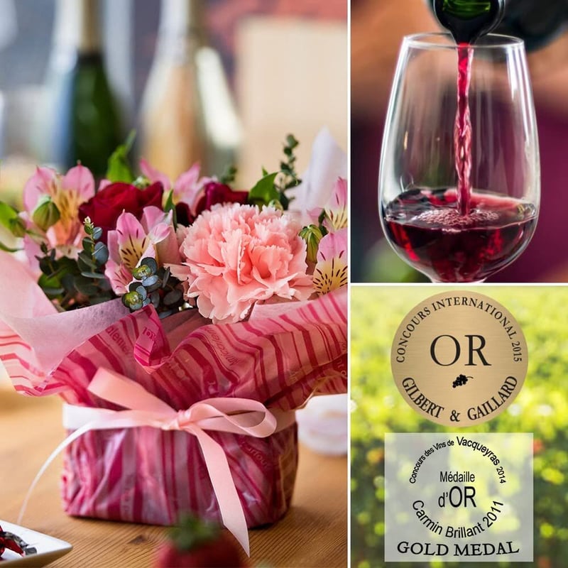 ピンク・赤のフラワーアレンジメント付き ワイン お花 ギフト フランス