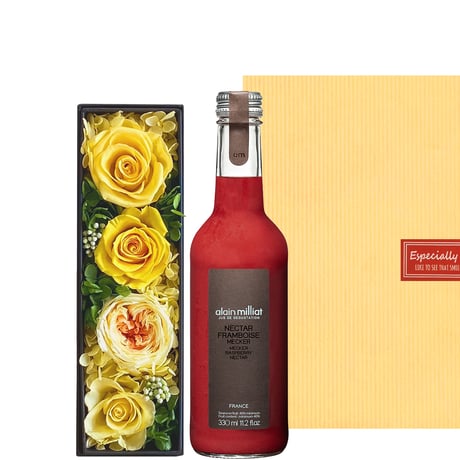 父の日 黄色 お花《お花のギフト》【ジュースとお花】フランス『アラン・ミリア』ラズベリージュース 330ml＆イエロープリザーブドフラワー ギフト箱 リボン付き メッセージカード付き 送料無料