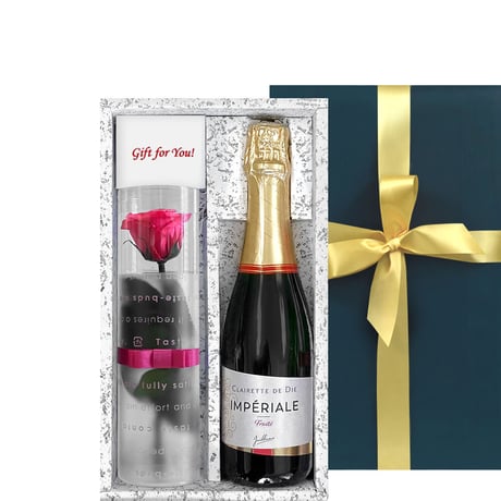 ピンクの薔薇のプリザーブドフラワー ギフト箱【ワイン・お花】フランス スパークリングワイン375ml やや甘口  リボン付き メッセージカード付き 送料無料