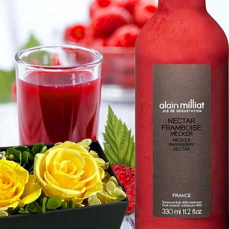 父の日 黄色 お花《お花のギフト》【ジュースとお花】フランス『アラン・ミリア』ラズベリージュース 330ml＆イエロープリザーブドフラワー ギフト箱 リボン付き メッセージカード付き 送料無料