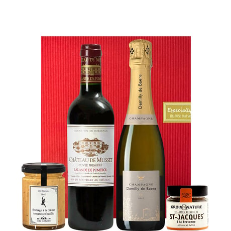 【ワインとグルメのギフト】 ボルドー 赤ワイン 375ml 1本 フランス シャンパーニュ 375ml 1本 ホタテの貝柱のリエット ベルギーチョコレート
