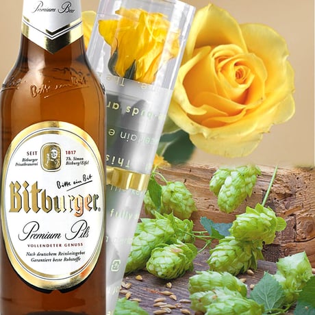 ビールとお花 ギフト ドイツのクラフトビール『ビットブルガー』330ml×1本＆黄色いバラのプリザーブドフラワー
