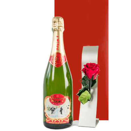 お花 シャンパン セット プレゼント フランス マキシム・ド・パリ 高級シャンパン 赤いバラ　プリザーブドフラワー　一輪挿し付き お祝い  誕生日プレゼント