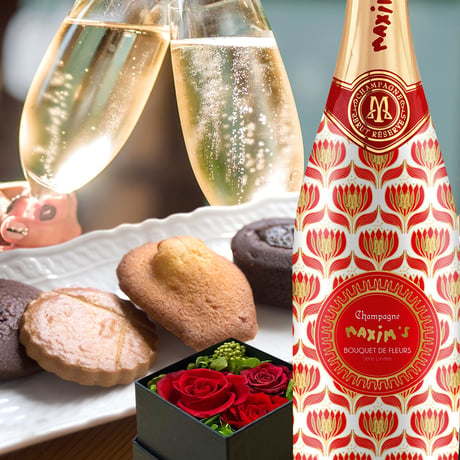 ギフト 2026  【お花とシャンパン・スイーツのギフト 】 フランス「マキシム・ド・パリ」シャンパン  有名店 レ・カカオ 焼菓子 バラのプリザーブドフラワー ギフト箱  送料無料