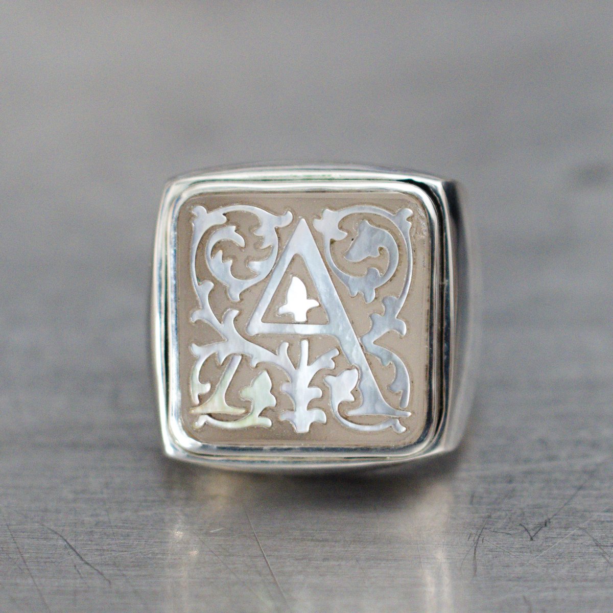 オーダー商品】リング四角 オブシディアン×白蝶貝 シルバー925