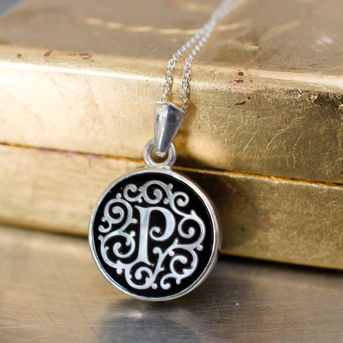 オーダー商品】ペンダント四角 オブシディアン×白蝶貝 シルバー925