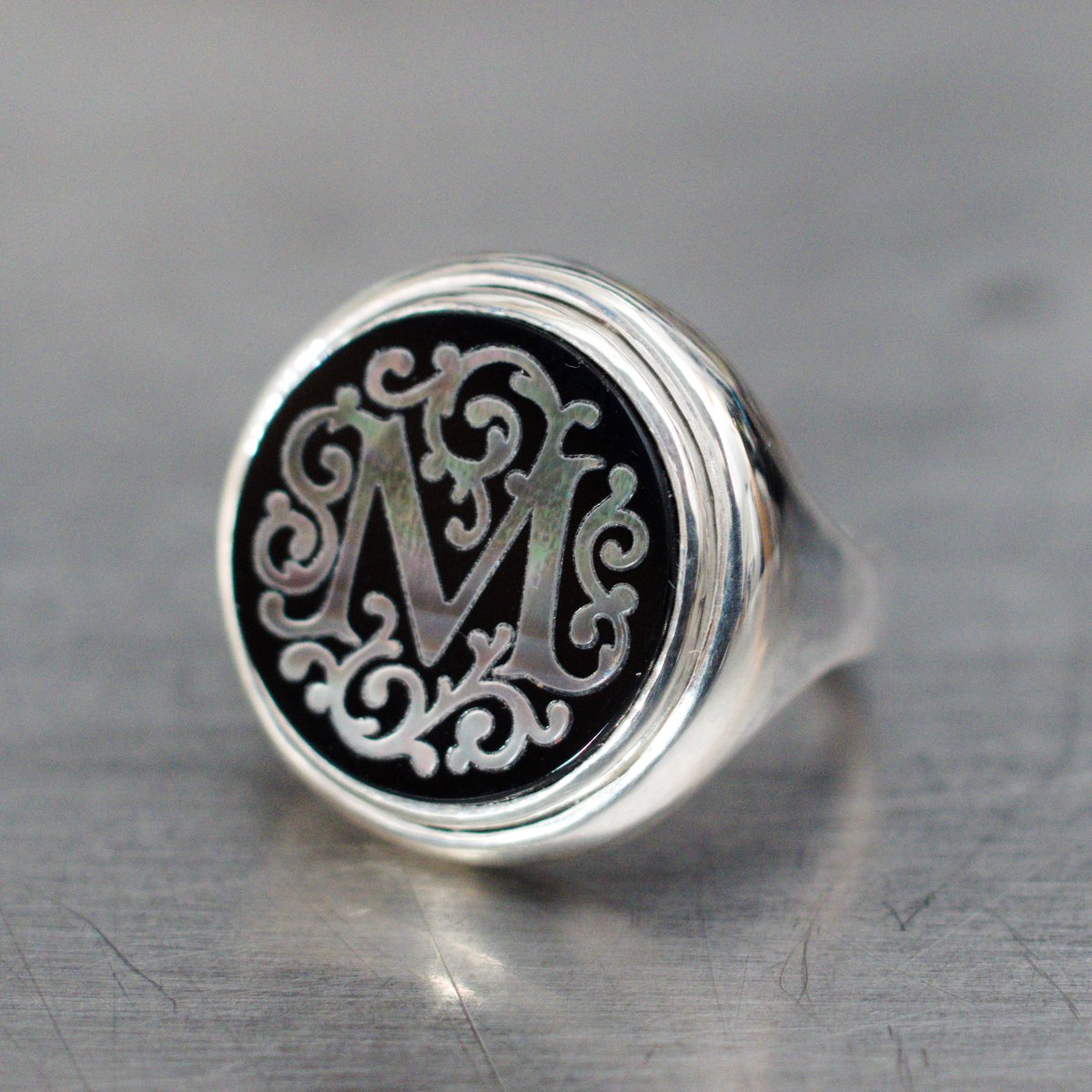 オーダー商品】リング四角 オブシディアン×白蝶貝 シルバー925