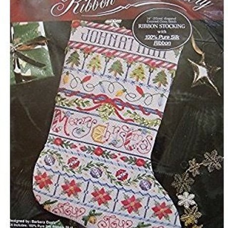 【ヴィンテージ1点もの:1995年製】「Silk Ribbon embroidery  Stocking」Bucilla ブシラ シルクリボン刺繍ストッキング