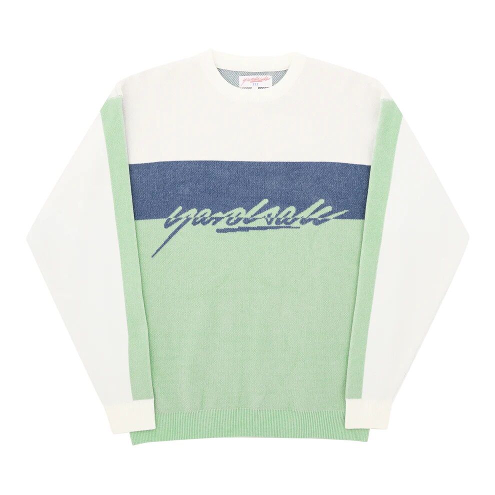 Yardsale Chenille Script Knit - White/Green/Blue