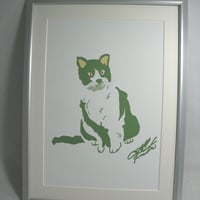 イラスト ネコ ( 緑 ) A4サイズ 額入り