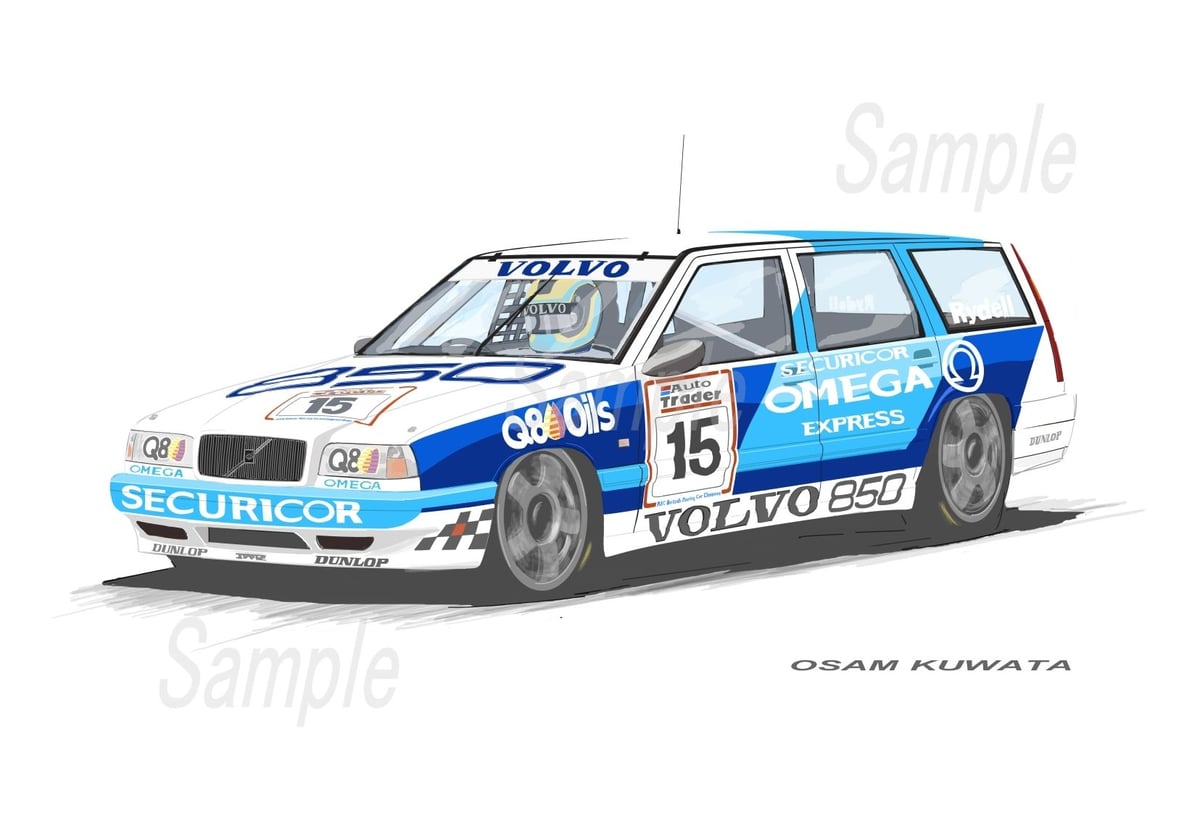 ボルボ245  アート　洋書雑誌切り抜き 額付 イラスト ボルボ 850 エステート BTCC A4サイズ 額入り | 小さな