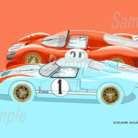 イラスト フォードvs フェラーリ ルマン1966 A4サイズ額入り