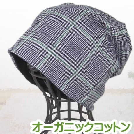 送料無料 医療用帽子 抗がん剤帽子抗がん剤 ニット 女性 脱毛 がん コットン バンダナ ネックウォーマー Hounds toothオーガニックコットン3WAYグリーン