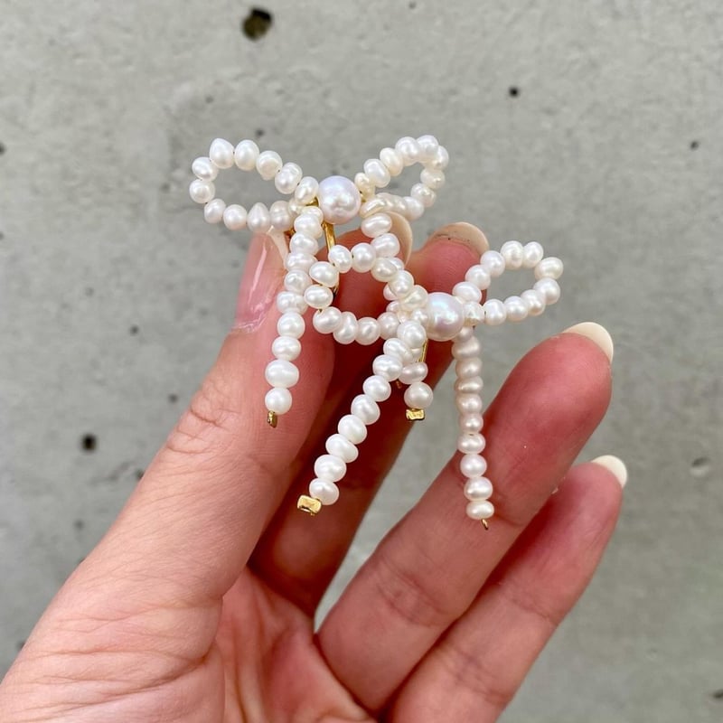 14kgp S925 zirconia ribbon pearl pierce ジルコニアリボンパールピアス | Jewel Mii