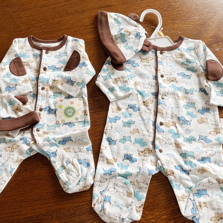 〈低出生体重児サイズ、新生児サイズ〉ワンちゃんカバーオール&帽子