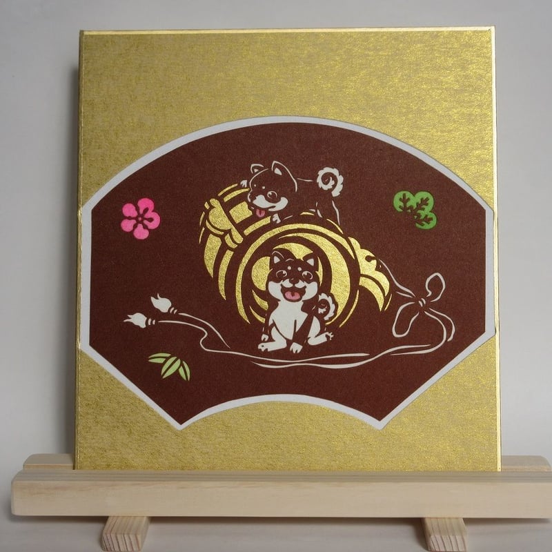 切り絵の一閑張り「お月見」値下げ 切り絵扇形色紙 正月飾り 打ち出の小槌と子犬たち | mimiねこ