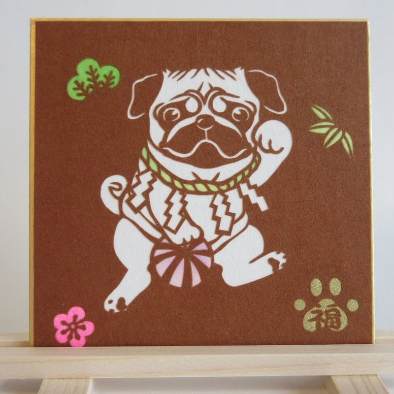 切り絵豆色紙 パグ招き犬「吽」 | mimiねこ