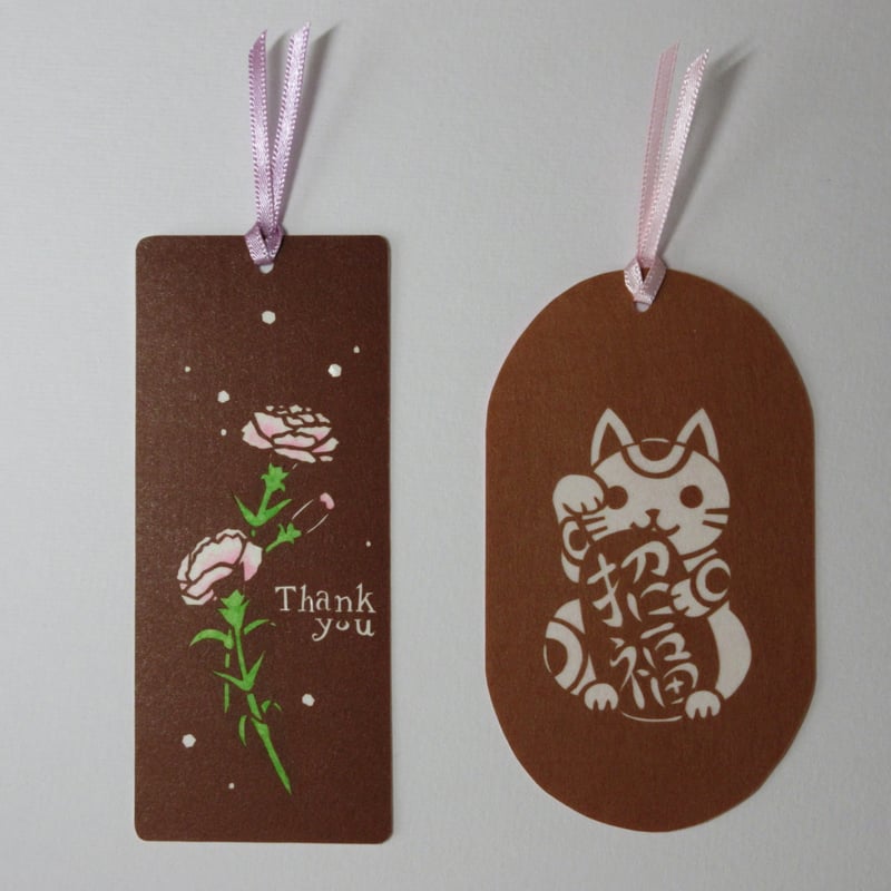 ケネディファミリーの切手のしおり　セット 切り絵しおり 母の日セット 「カーネーション・まねきねこ『招福