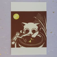 切り絵ポストカード　手水鉢とねこ