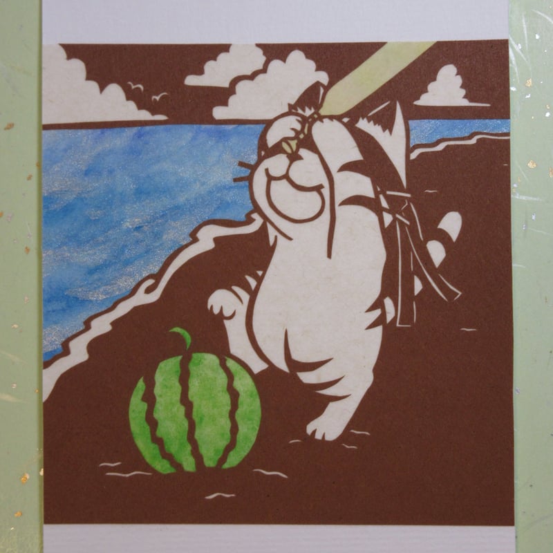 切り絵ポストカード スイカ割り | mimiねこ