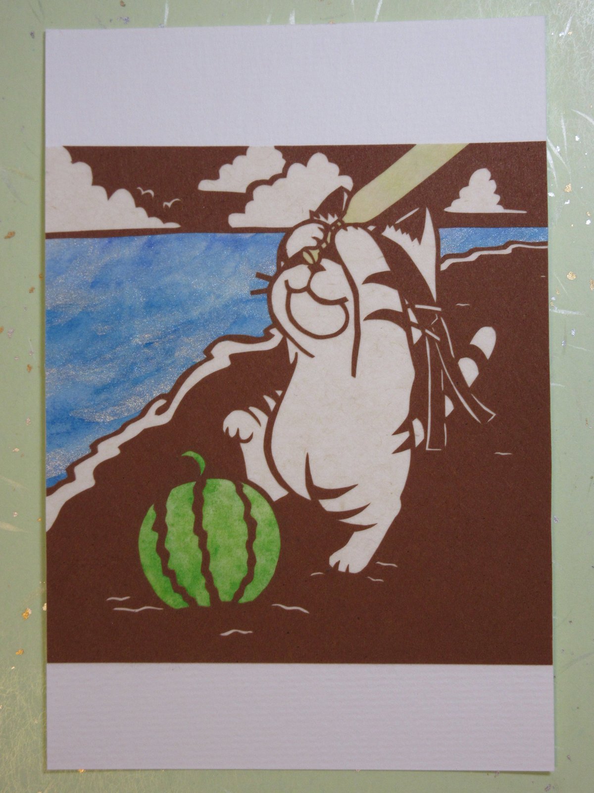 切り絵ポストカード スイカ割り | mimiねこ