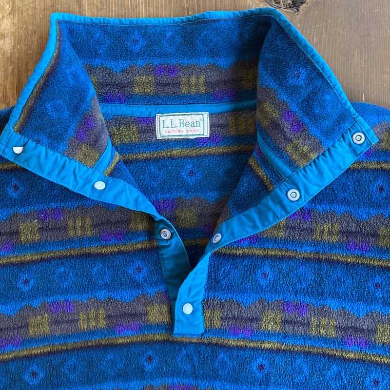 【90s】ヴィンテージ 総柄 民族調 ロンT 幾何学模様 ポケット付き L.L.Bean 総柄スナップT フリースプルオーバー／幾何学柄