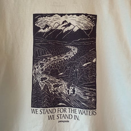 patagonia メッセージ S/S TEE WE STAND FOR THE WATERS WE STAND IN. 木版画 パタゴニア VINTAGE