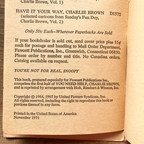 PEANUTS BOOK [YOU’RE NOT FOR REAL,SNOOPY] ヴィンテージ ピーナッツコミック ペーパーバック／CHARLES M. SCHULZ
