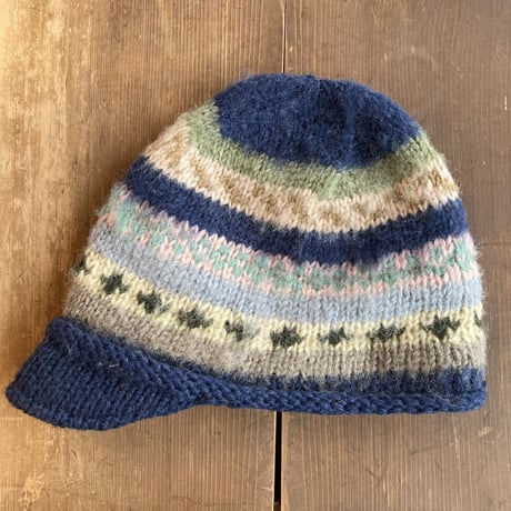 ハンドメイド ニットキャップ／ブルー