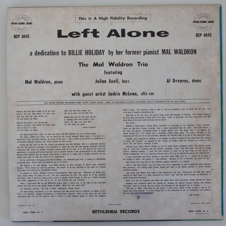 Mal Waldron ‎– Left Alone（Bethlehem Records ‎– BCP 6045）stereo