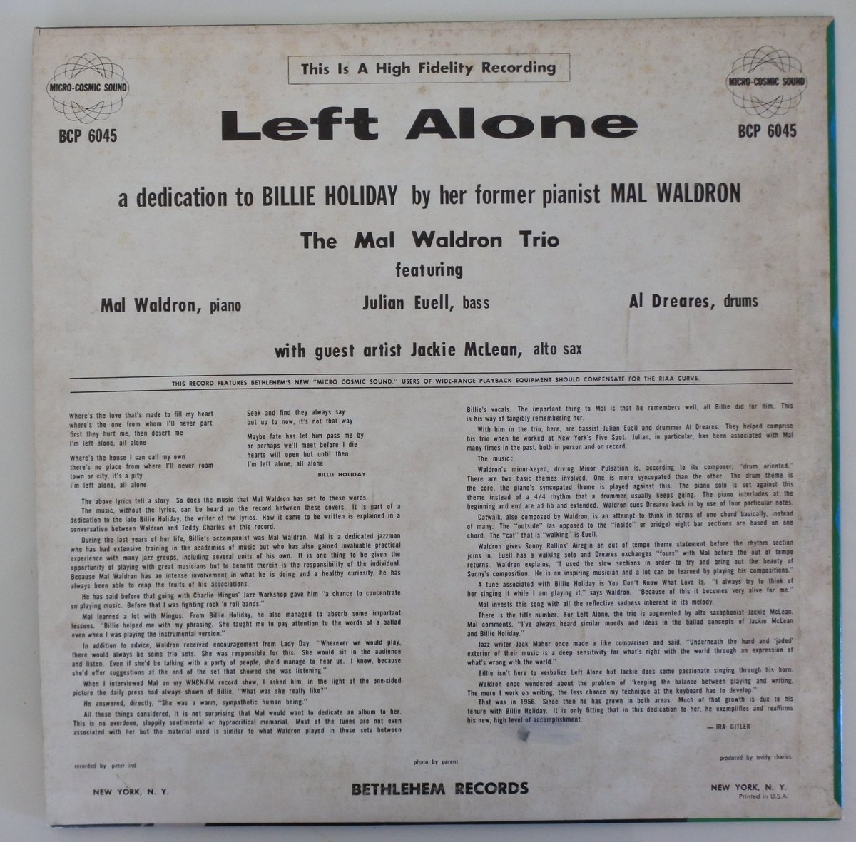 Mal Waldron ‎– Left Alone（Bethlehem Records ‎–