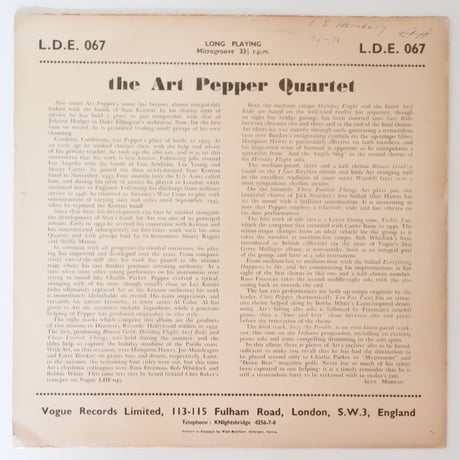 Art Pepper Quartet  ‎– Art Pepper Quartet （英Vogue Records ‎–  L.D.E.067 ）mono