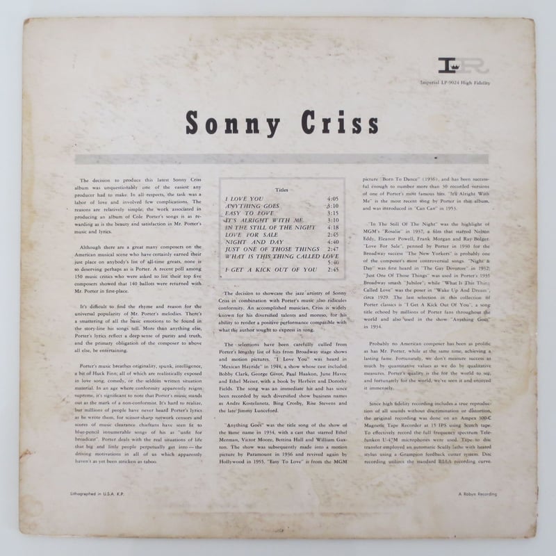 Sonny Criss ‎– Sonny Criss Plays Cole Porter（Im