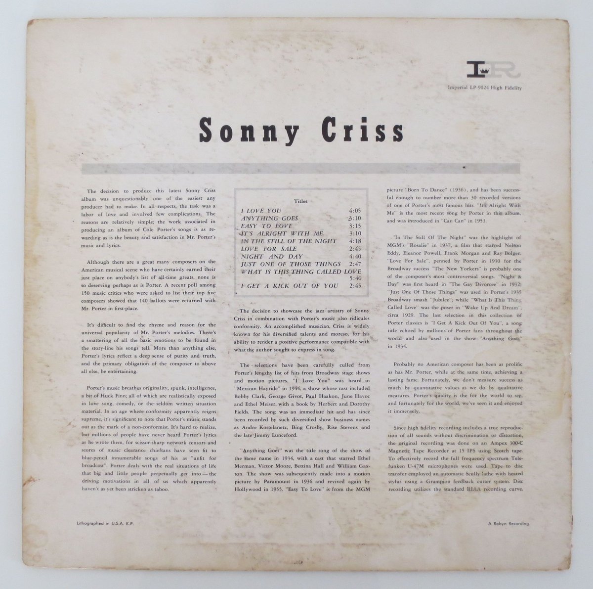Sonny Criss ‎– Sonny Criss Plays Cole Porter（Im