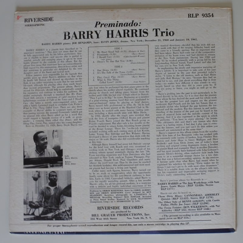Barry Harris Trio ‎– Preminado （Riverside Reco