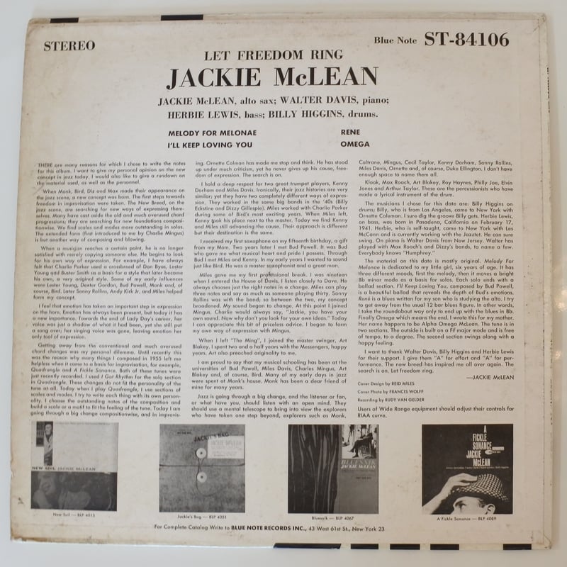 LP Jackie Mclean Let Freedom Ring BNJ71014PROMO BLUE NOTE プロモ /00260 Jackie McLean – Let Freedom Ring | Releases | Discogs
