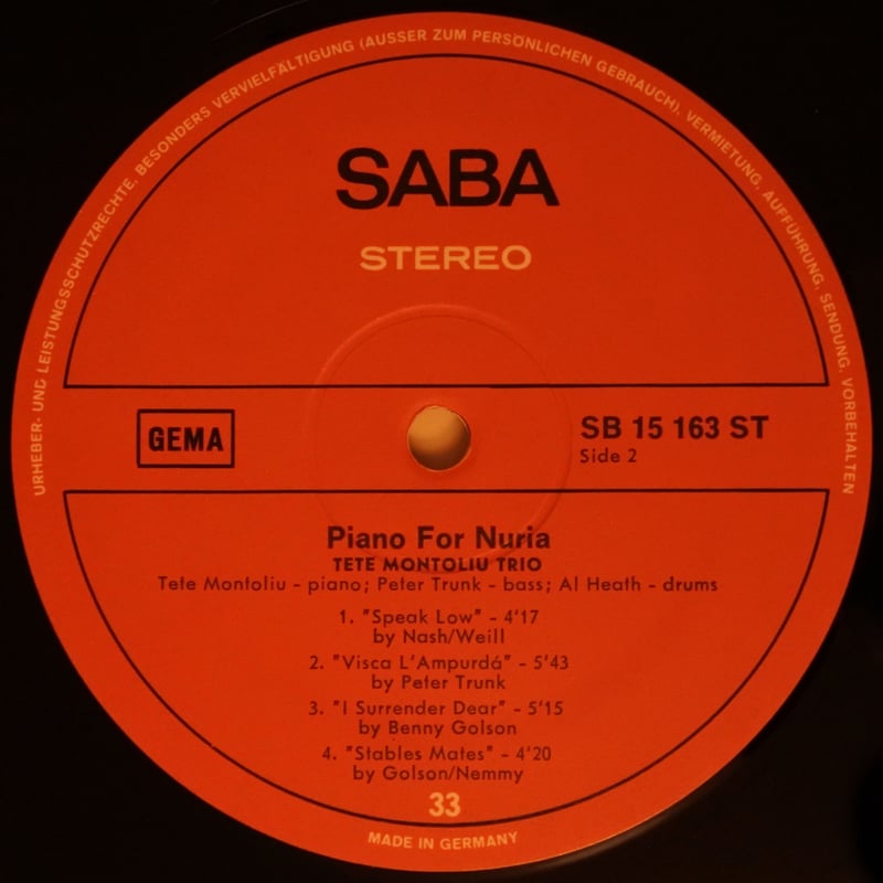 Tete Montoliu Trio ‎– Piano For Nuria（ SABA ‎–
