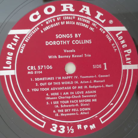 Dorothy Collins - Songs by Dorothy Collins（Coral Records - CRL 57106）mono