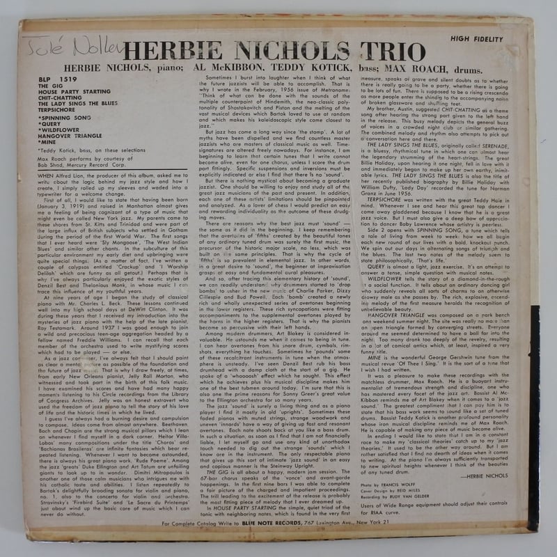 Herbie Nichols Trio ‎– Herbie Nichols Trio（Blue