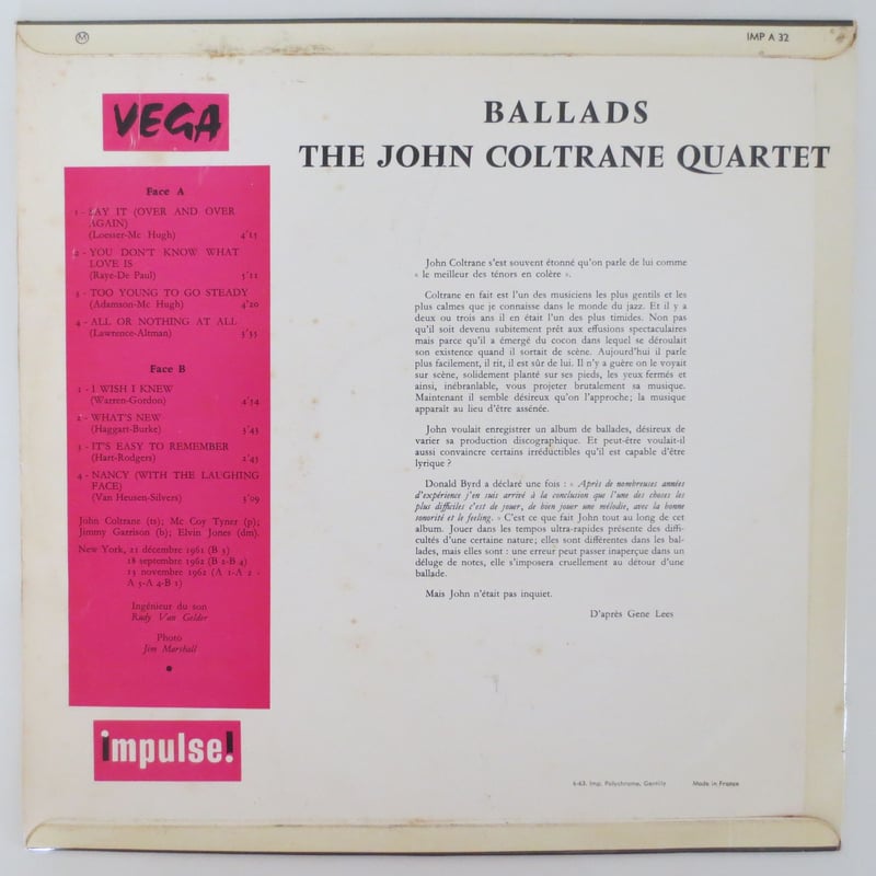 John Coltrane Quartet ‎– Ballads（仏 Impulse! A-