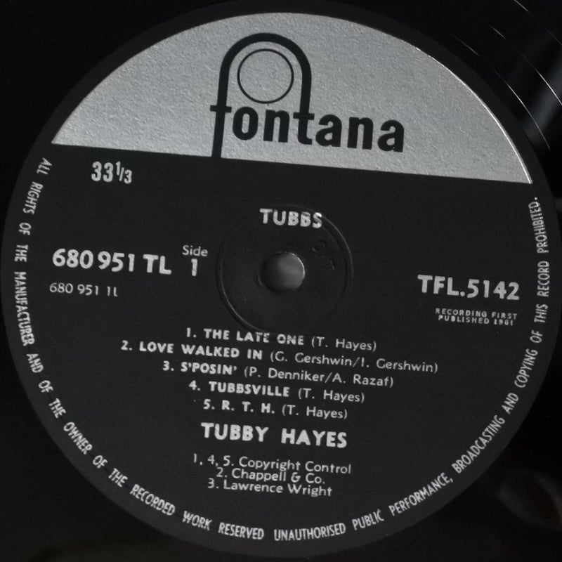 Tubby Hayes ‎– Tubbs（ Fontana ‎– TFL 5142）mono