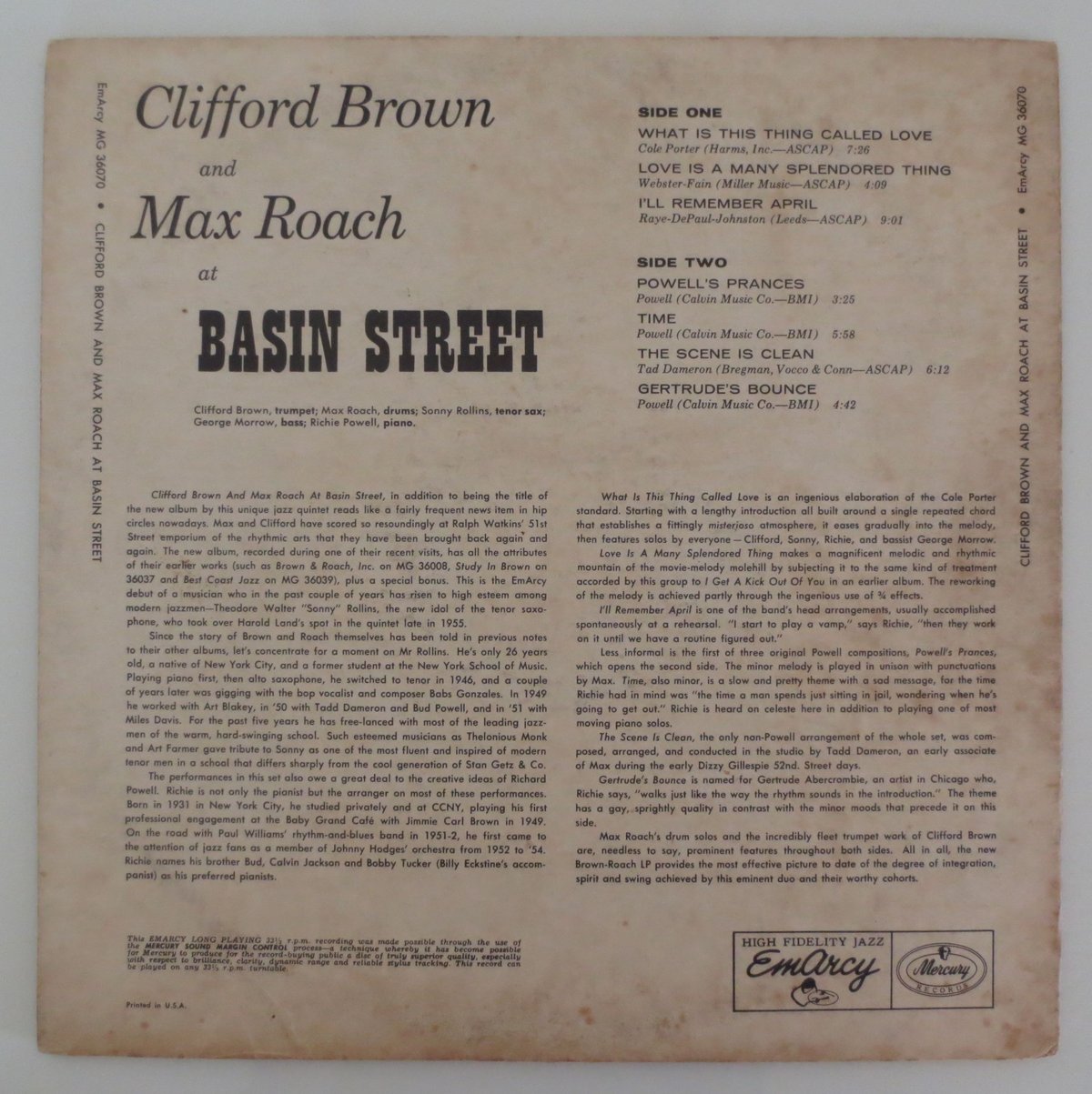 Clifford Brown And Max Roach ‎– At Basin Street