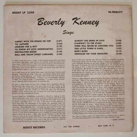 Beverly Kenney – Sings For Johnny Smith（Roost – RLP 2206）mono