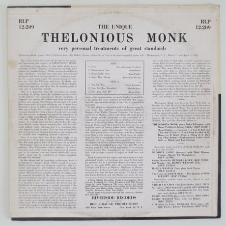 Thelonious Monk ‎– The Unique Thelonious Monk（Riverside Records ‎– RLP 12-209）mono