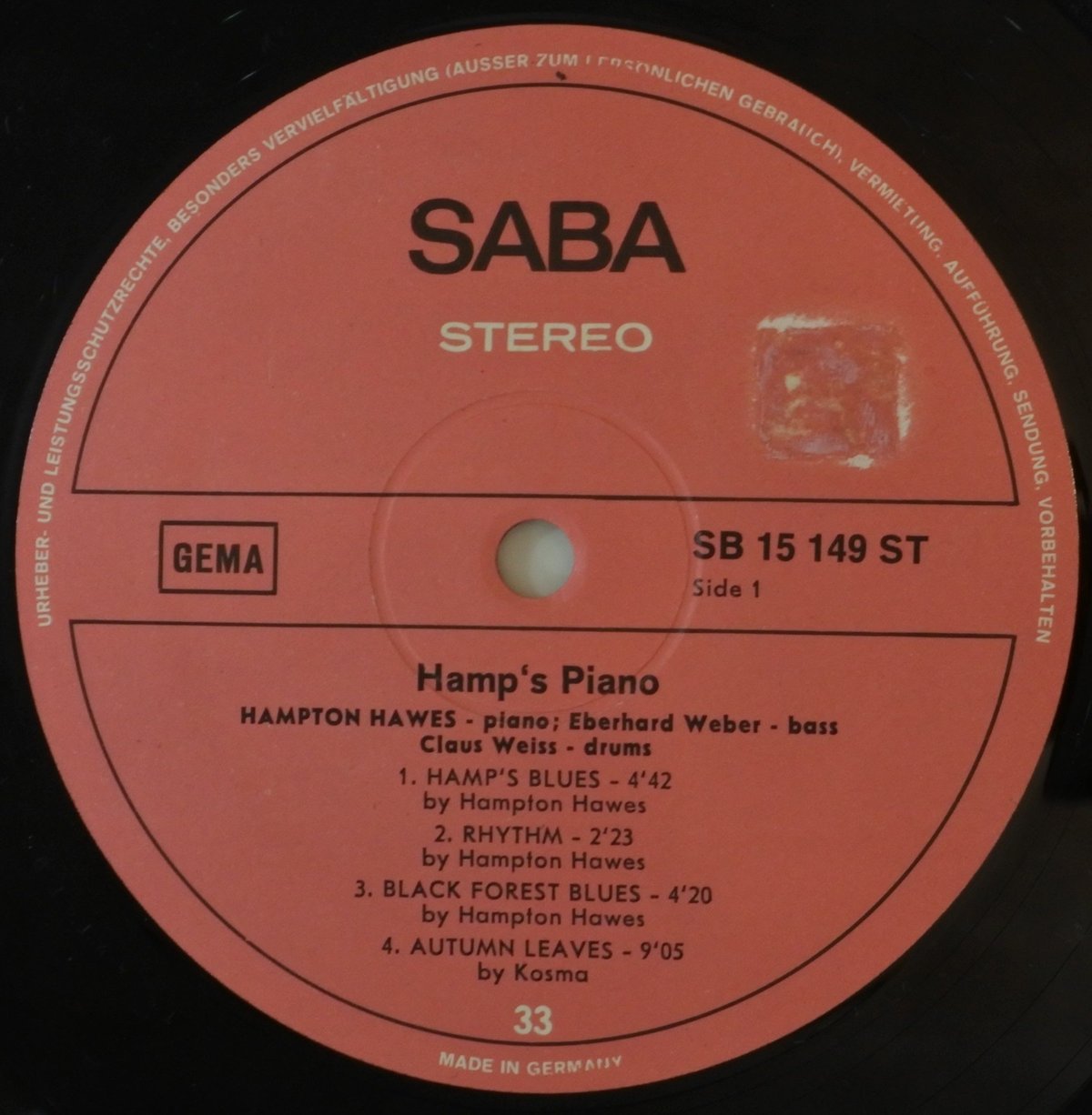 Hampton Hawes ‎– Hamp's Piano（SABA ‎– SB 15 149 ST ）stereo