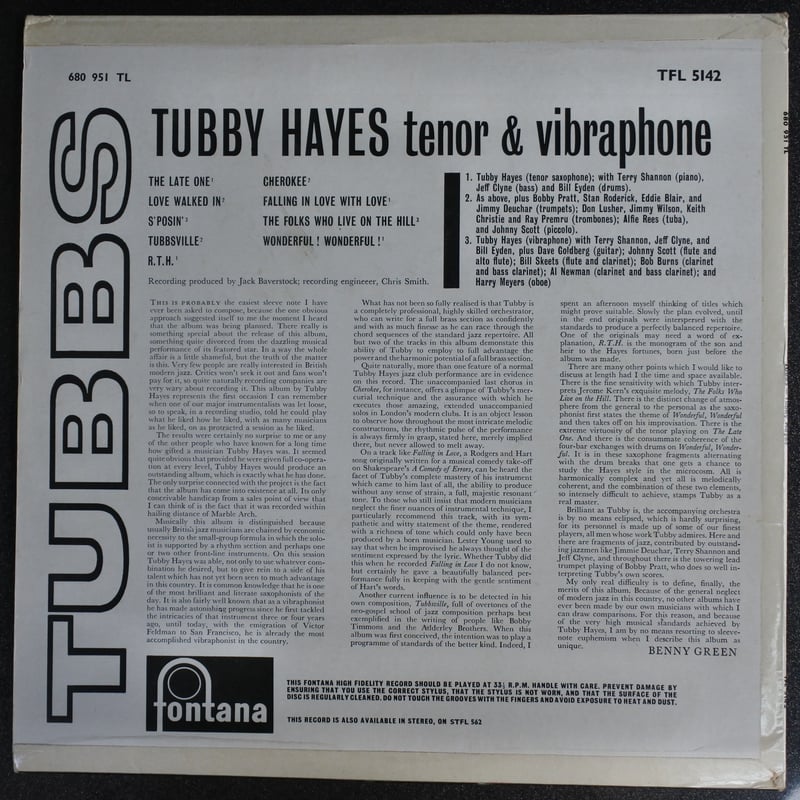 Tubby Hayes ‎– Tubbs（ Fontana ‎– TFL 5142）mono