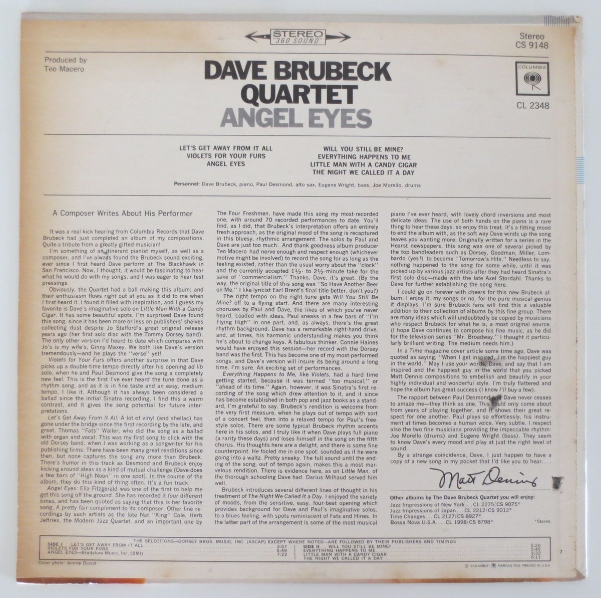 The Dave Brubeck Quartet ‎– Angel Eyes（Columbia ‎– CS 2348）stereo