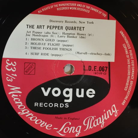 Art Pepper Quartet  ‎– Art Pepper Quartet （英Vogue Records ‎–  L.D.E.067 ）mono