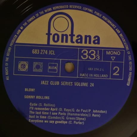 Sonny Rollins ‎– Blow!（Fontana ‎– 683 274 JCL）mono